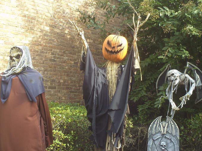 Halloween Close-up of Ghoul Sleepy Hollow Scarecrow and Vampire Bat